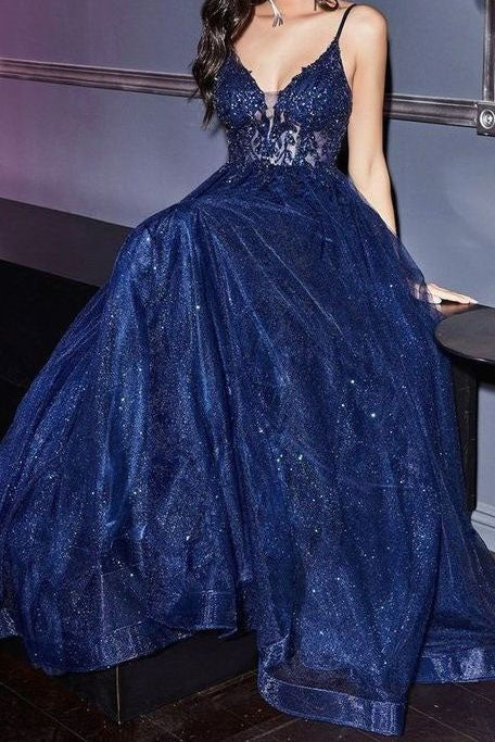 A-line Navy Blue Appliques Spaghetti Straps Long Prom Dresses Shinny Praty Gown DM1954