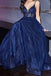 A-line Navy Blue Appliques Spaghetti Straps Long Prom Dresses Shinny Praty Gown DM1954