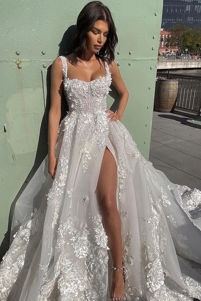 A-Line Sweetheart Appliques Tulle Illusion Wedding Dress Bridal Dresses DM1980