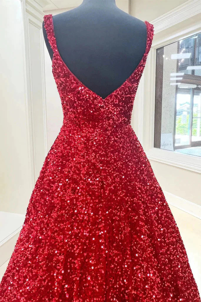 A line Red Square Neck Sequin Long Prom Dresses, Formal Evening Dresses DM2003