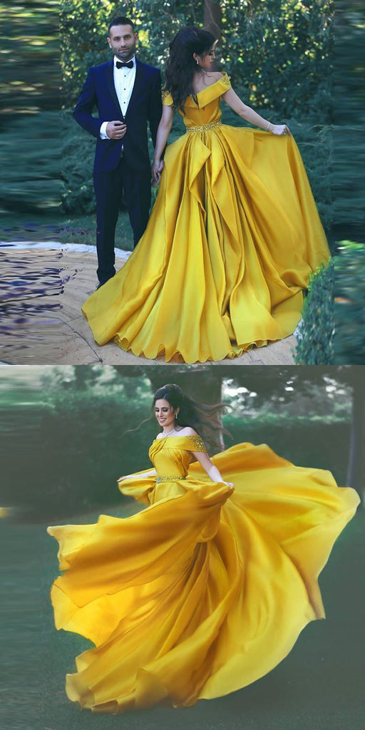 Off the Shoulder beautiful Fashion Formal Yellow Prom Dresses,Sexy Summer Evening Gowns DM738