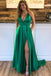 Green A Line  Halter Sexy Split Prom Dresses With Pockets DMJ75