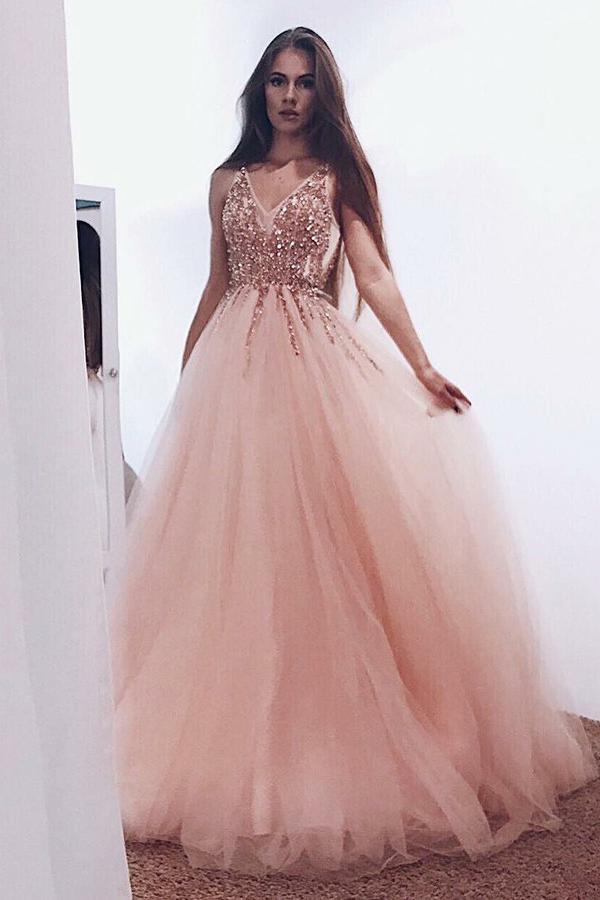 A-Line Pearl Pink Tulle V Neck Long Prom Dress with Sequins DM972