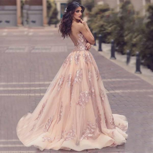 Charming Sweep Train Deep V Neck Pink Tulle Prom Dress with Lace Appliques DMA18