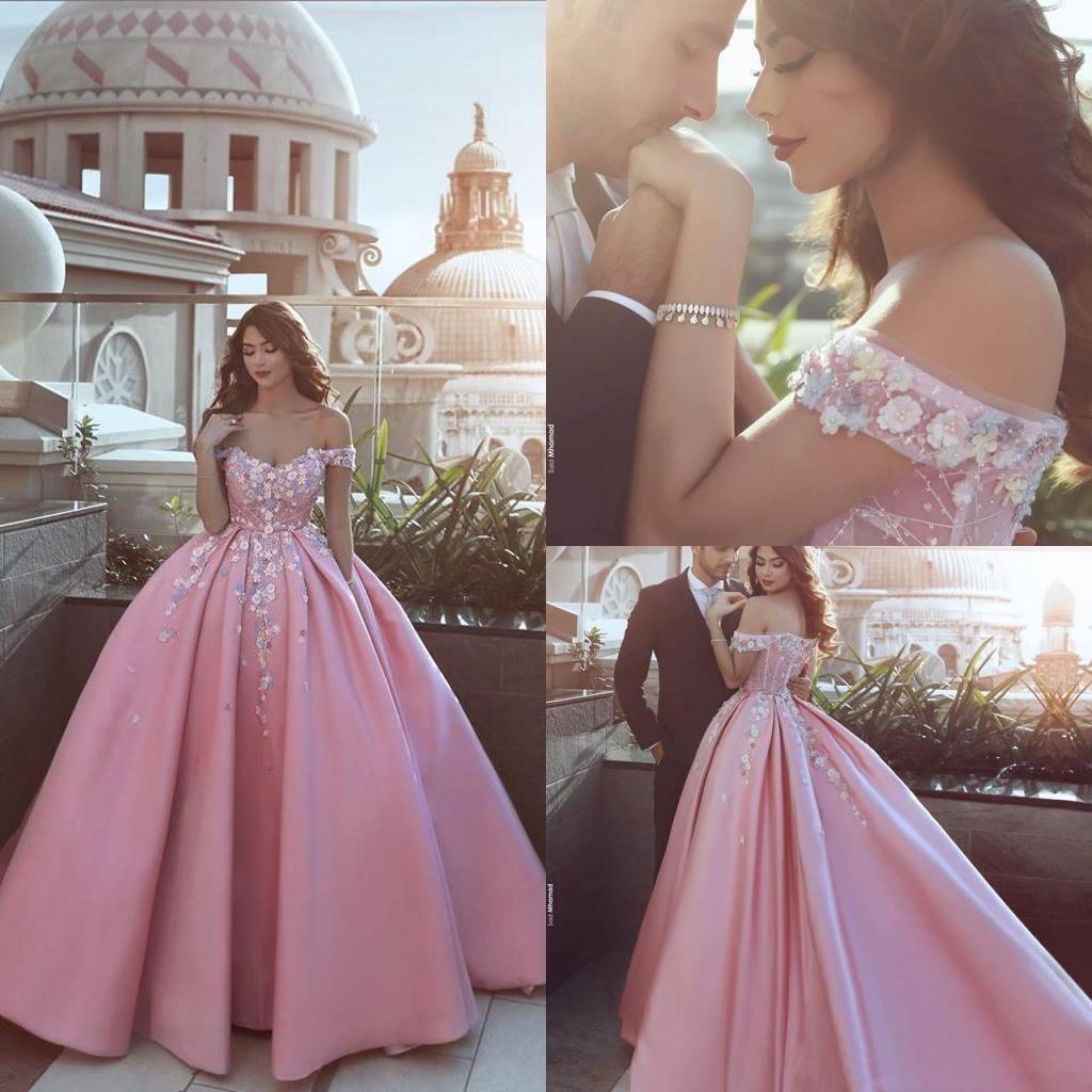 Pink Off the Shoulder Ball Gown Lace Appliques Satin Prom Dress DM903