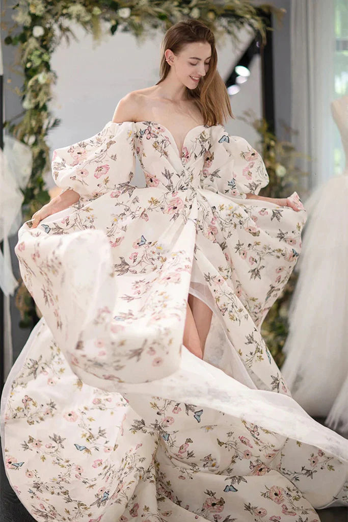 Stylish Long Sleeves Printed Long Prom Dress with High Slit, Long Formal Evening Dress DM1995