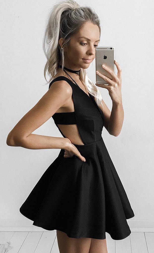 Sexy Black Deep V-neck stunning Mini Sleeveless Homecoming Dresses,Cocktail Dress DM452