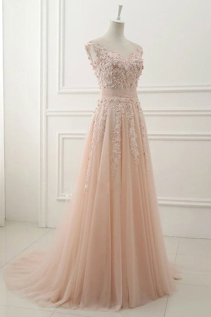 Round Neck Lace Appliques Prom Dresses,Tulle A Line Evening Dress DM427