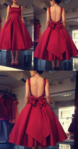 Cheap Burgundy Tea Length A Line Backless Bownot Homecoming Dress DM749