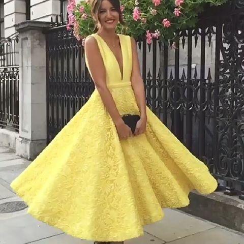 Yellow Lace A Line Deep V Neck Prom Dress,Homecoming Dresses DM977