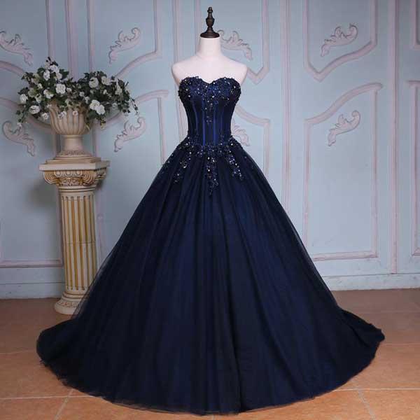 Navy Blue Ball Gown Court Train Sweetheart Strapless Appliques Prom Dress DM625