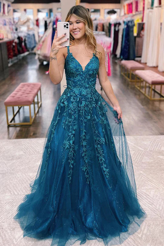 A-line V-Neck Lace Appliques Blue Long Prom Dress Evening Dresses DM2018