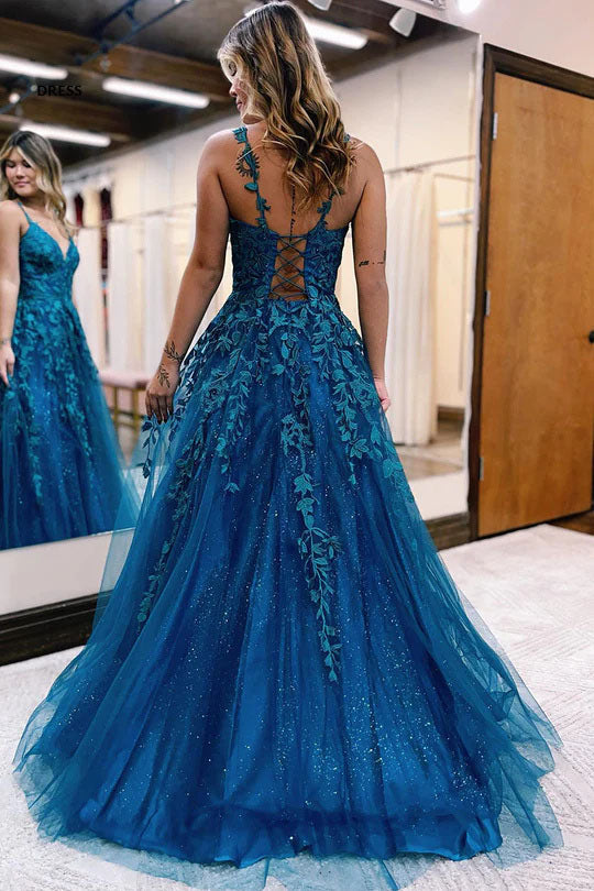 A-line V-Neck Lace Appliques Blue Long Prom Dress Evening Dresses DM2018