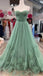 A-Line Sweetheart Green Tulle Hand Made Flower Long Prom Dress Evening Gown DMP233