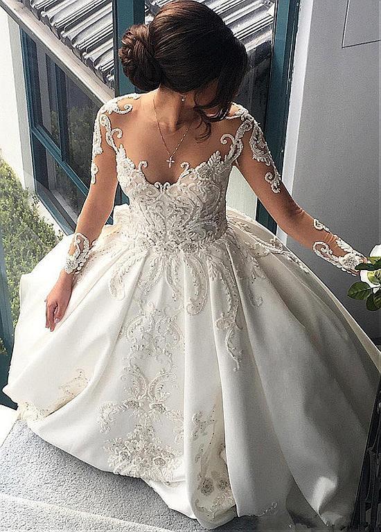 Attractive Satin Sheer Jewel Neckline Long Sleeves Wedding Dresses With Lace Appliques DM869