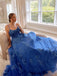 Royal Blue A Line Spaghetti Straps Long Prom Dresses, Appliques Tulle Evening Dresses DMP050