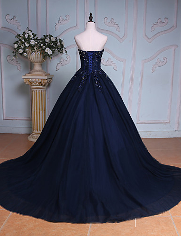 Navy Blue Ball Gown Court Train Sweetheart Strapless Appliques Prom Dress DM625