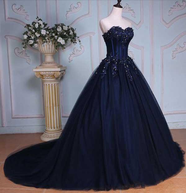 Navy Blue Ball Gown Court Train Sweetheart Strapless Appliques Prom Dress DM625