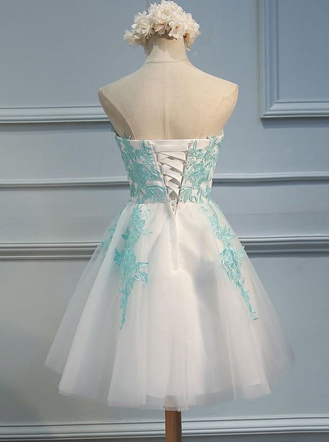 A-Line Sweetheart Short White Tulle Homecoming Dress with Lace Appliques DM431