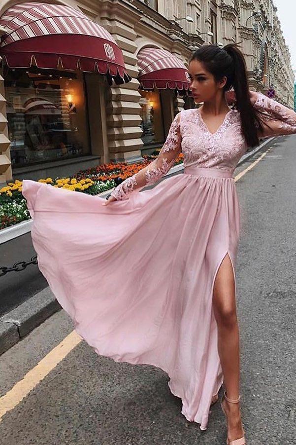 Burgundy Long Sleeves V Neck Lace Top A Line Long Prom Dresses DM838