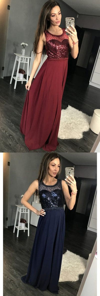 Charming Burgundy Sequins A Line Sleeveless Chiffon Long Prom Dress DM861