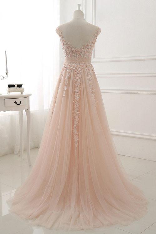 Round Neck Lace Appliques Prom Dresses,Tulle A Line Evening Dress DM427