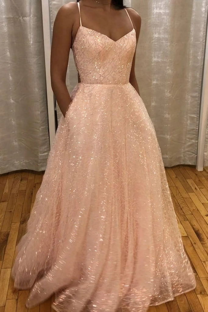 Sparkly Pink A Line Prom Dresses Long Formal Evening Gown With Pocket DMP234