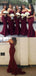 Elegant Sweetheart Strapless Burgundy Lace Mermaid Cheap Long Bridesmaid Dresses DM443