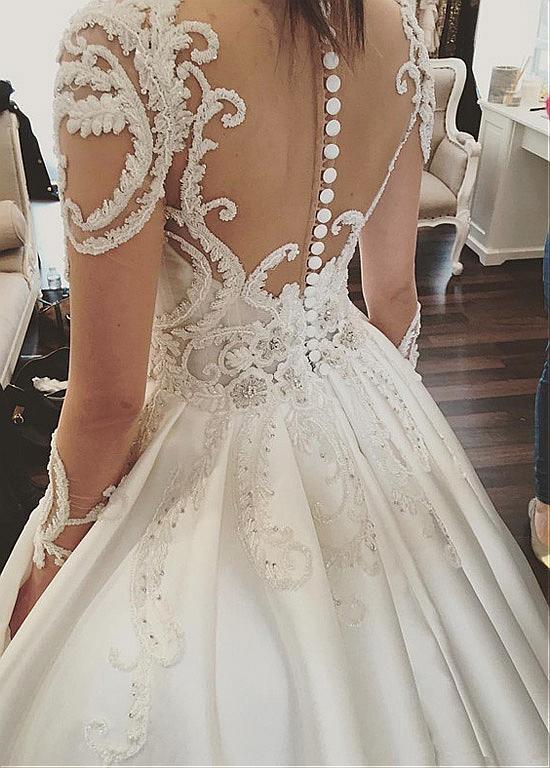 Attractive Satin Sheer Jewel Neckline Long Sleeves Wedding Dresses With Lace Appliques DM869