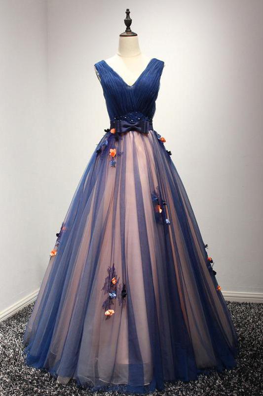 Beautiful Prom Dress,A-line Prom Dresses,V-neck Prom Dresses,Long Prom Dresses,Flowers Prom Gown