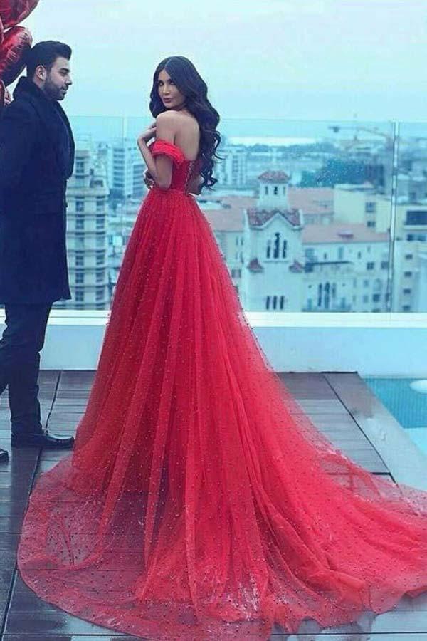 Charming A-Line Off-the-Shoulder Court Train Red Tulle Prom Dress DM915