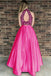 Two Piece High Neck Open Back Satin Hot Pink Prom Dress with Beading DM965