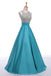 Light Blue Backless Beaded Long A-line Satin Classy Prom Dresses K716