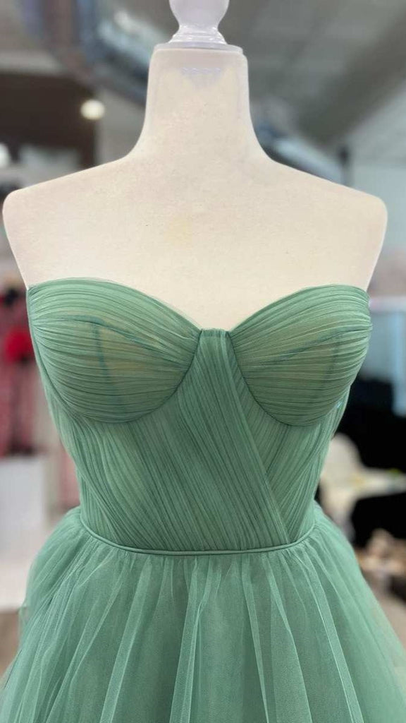 A-Line Sweetheart Green Tulle Hand Made Flower Long Prom Dress Evening Gown DMP233