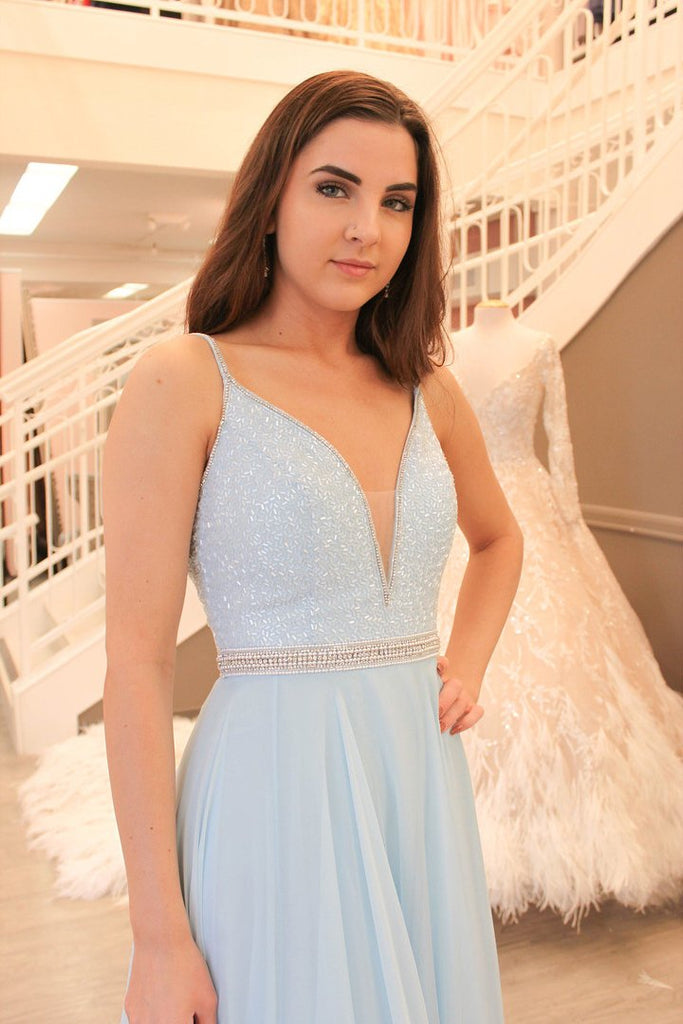 Gorgeous Straps Light Sky Blue Chiffon A Line Long Prom Dress DM984