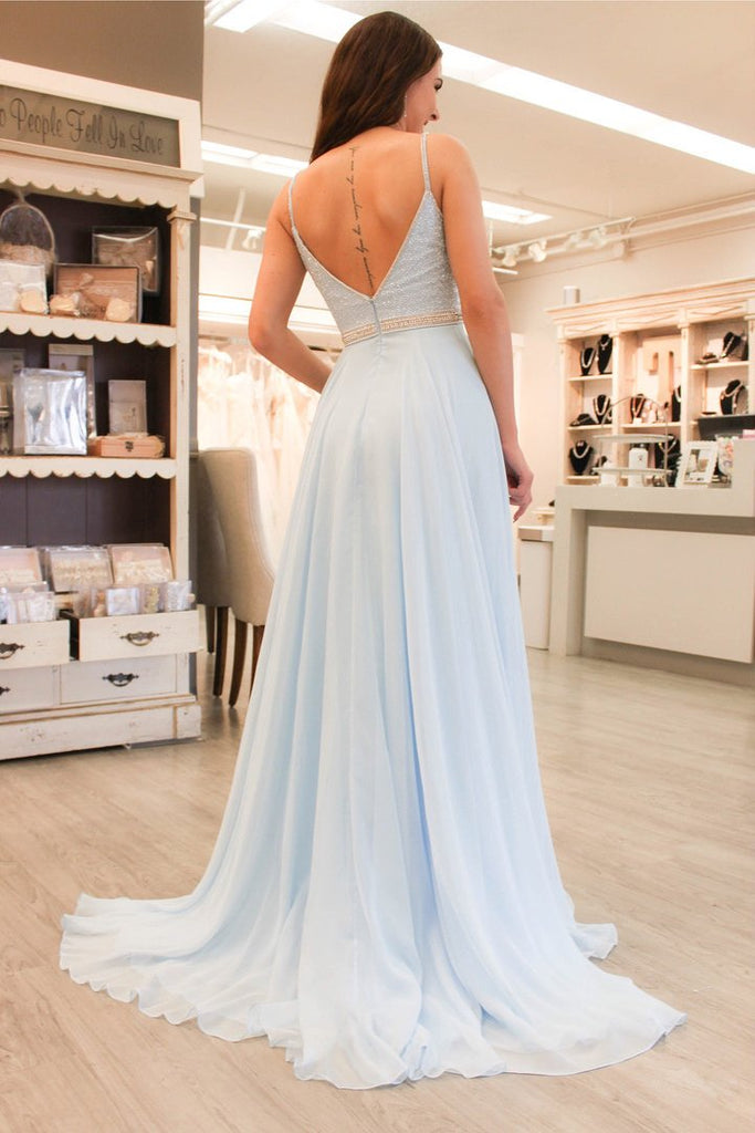 Gorgeous Straps Light Sky Blue Chiffon A Line Long Prom Dress DM984