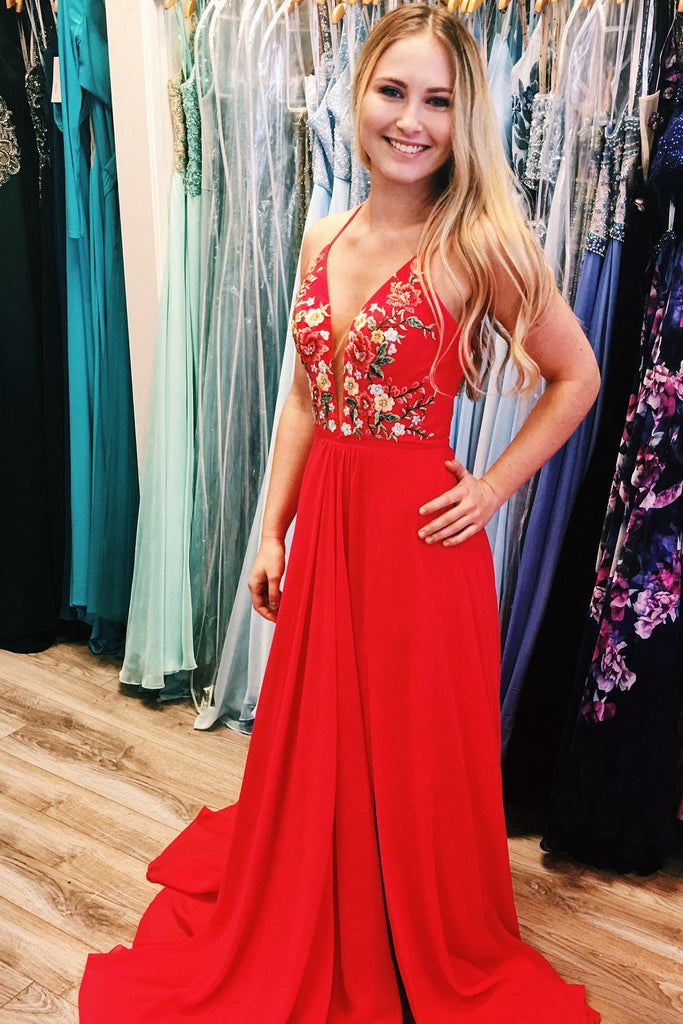 Simple Red White Chiffon Long Floral Prom Dress with Side Slit DM964