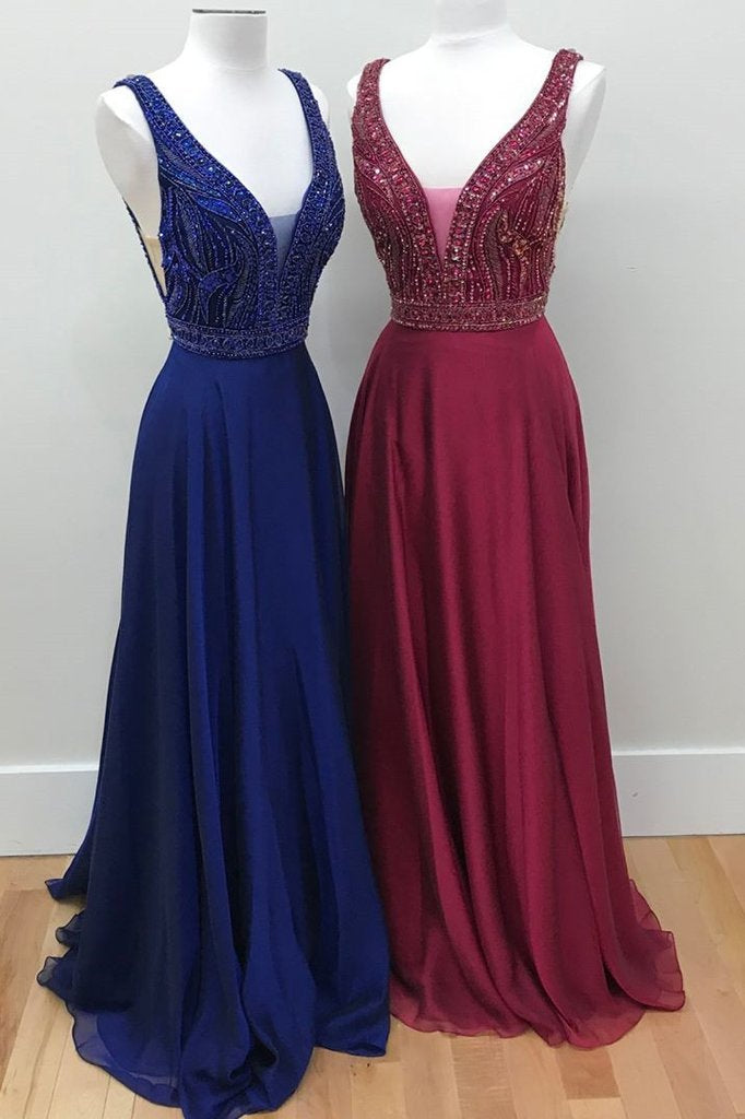 Sexy Low Cut Beading Chiffon Long Prom Dresses For Teens,Graduation Party Dresses DM939