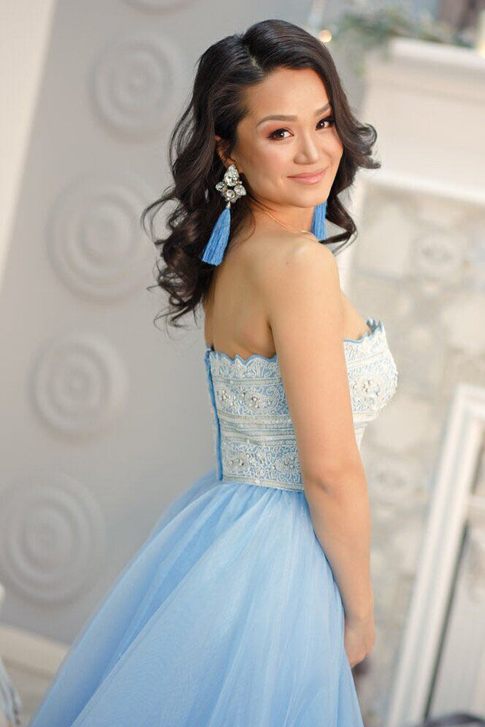 Princess Strapless Sky Blue Long Tulle A Line Prom Dress with White Lace DM950