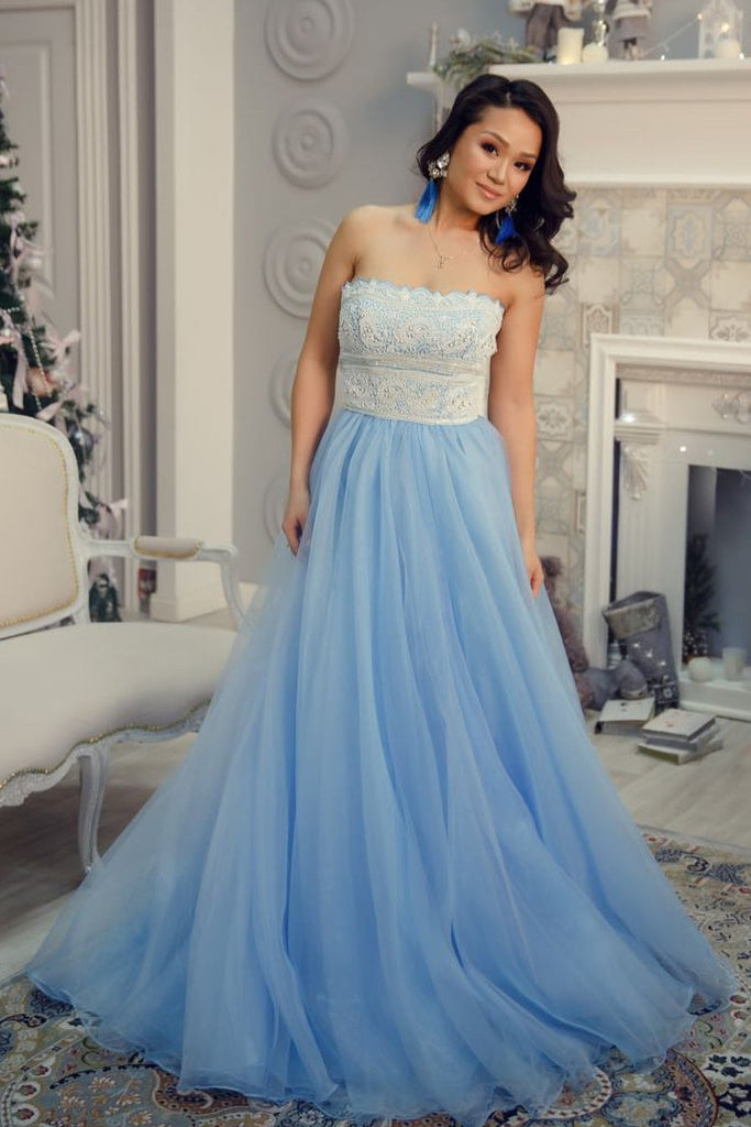 Princess Strapless Sky Blue Long Tulle A Line Prom Dress with White Lace DM950