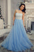 Princess Strapless Sky Blue Long Tulle A Line Prom Dress with White Lace DM950