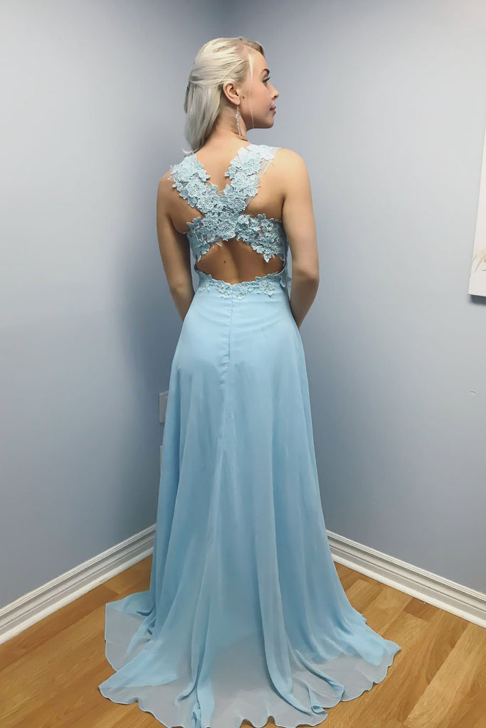 Elegant A-line Blue Chiffon Long Lace Appliques Prom Dress DMA9