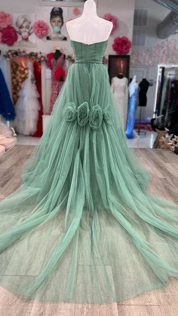 A-Line Sweetheart Green Tulle Hand Made Flower Long Prom Dress Evening Gown DMP233