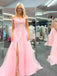 A-Line Pink Lace Appliques Long Prom Dresses With Slit Formal Evening Dresses DMP235