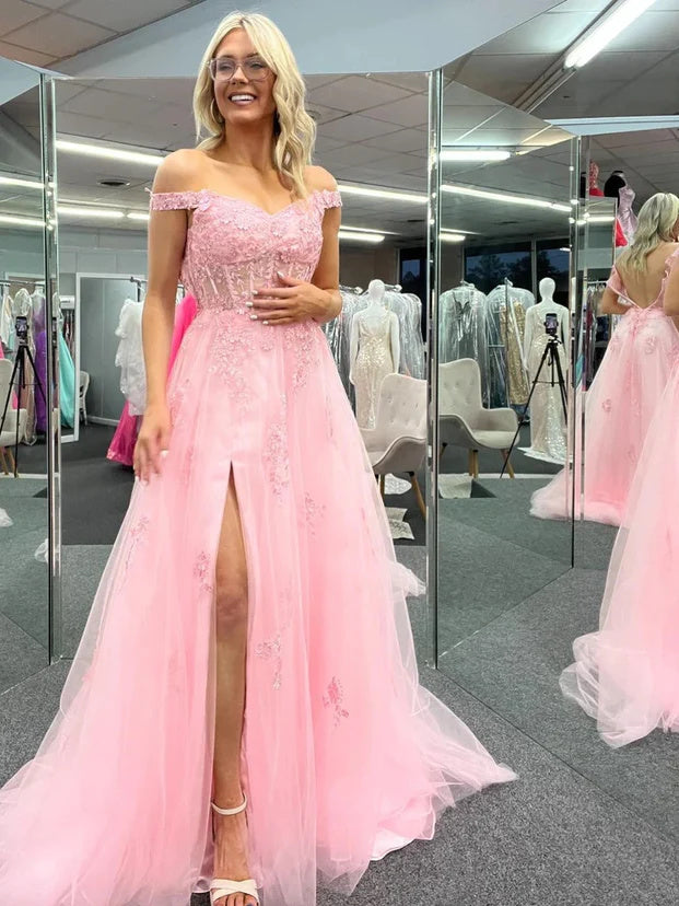 A-Line Pink Lace Appliques Long Prom Dresses With Slit Formal Evening Dresses DMP235