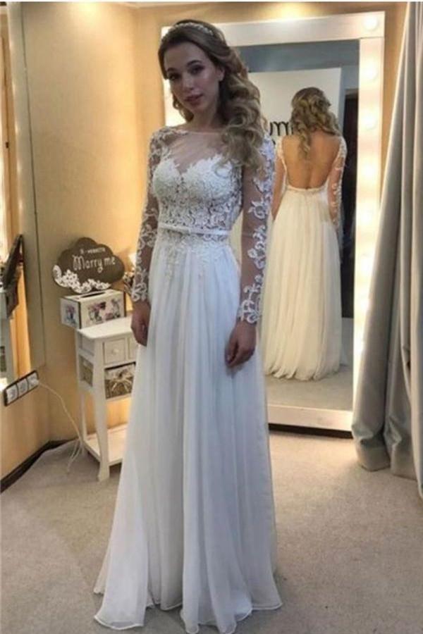 White Lace Chiffon Backless A-line Long Prom Dresses With Sleeves W35