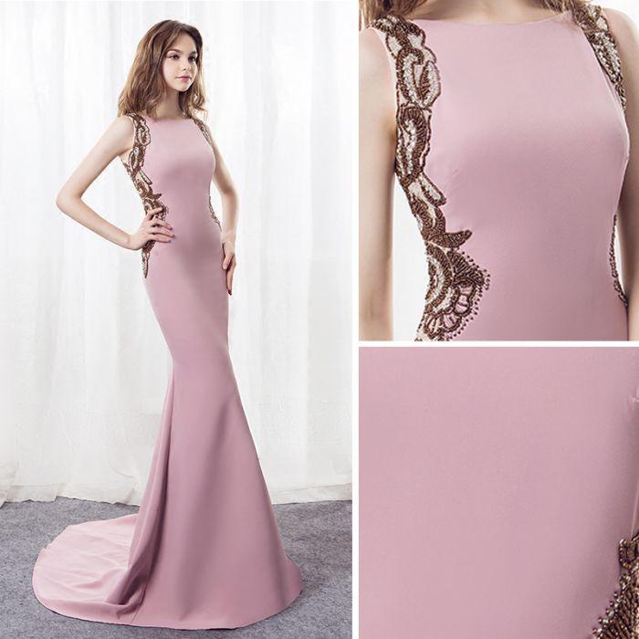 Elegant Mermaid Pink Sweep Train Bateau Long Prom Dress With Beading DM885