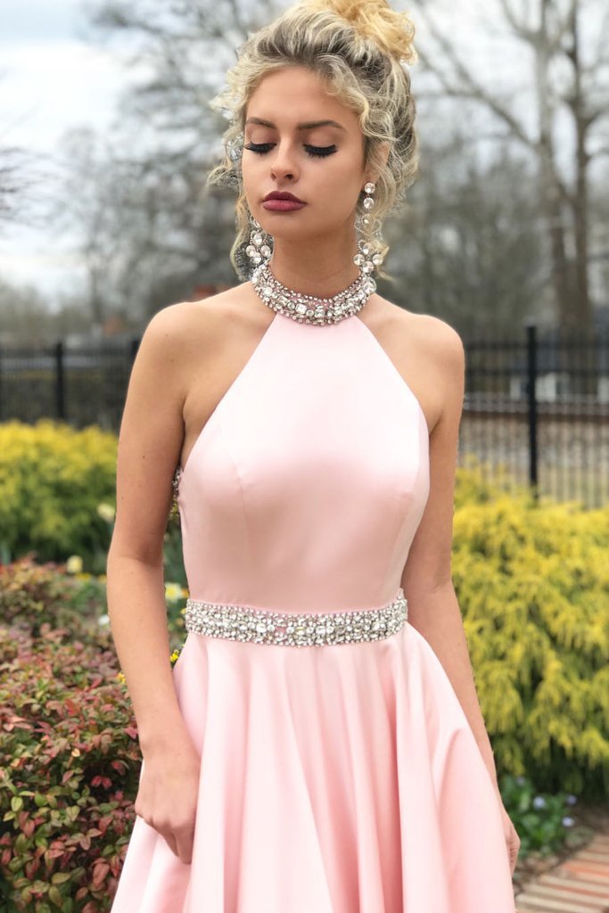 Fashion A-line Pink High Neck Sexy Back Cheap Beading Prom Dress DMA15