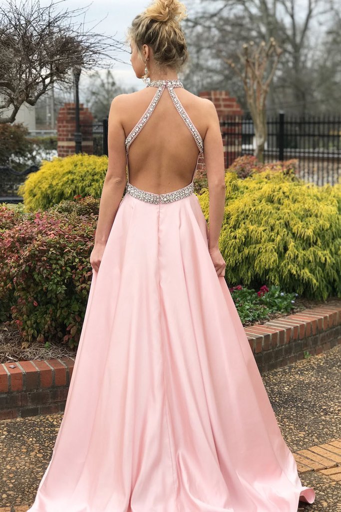 Fashion A-line Pink High Neck Sexy Back Cheap Beading Prom Dress DMA15