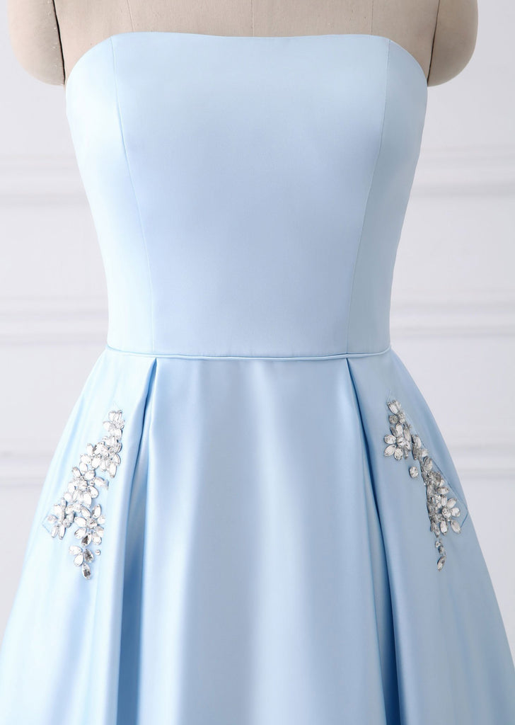 Simple A-line Strapless Long Crystal Light Blue Cheap Prom Dresses with Pocket DM669